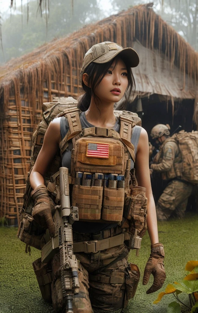 8k,Realistic Skin Texture、Superrealism、Realistic Photo、Japanese Women in the Indonesia Army、Bulletproof vest、、Navigate the swamp as a team、Confused expression、backpack、cap、Heavy equipment、Dynamic action pose、A groundbreaking composition、Sweaty