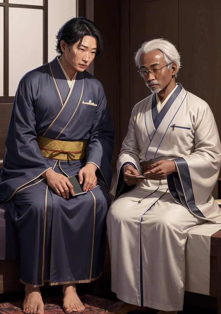 "In a modest room, Doctor Mo, a 60-year-old male, gray hair, wearing Chinese robes, and Han Li, a -yeld ma wearing Chinese robes, black hair and brown eyes, are sitting, but maintaining a certain away. Doctor Mo praises Han Li, but the latter remains suspicious. The atmosphere is tense, with both of them studying each other carefully, like a game of chess."