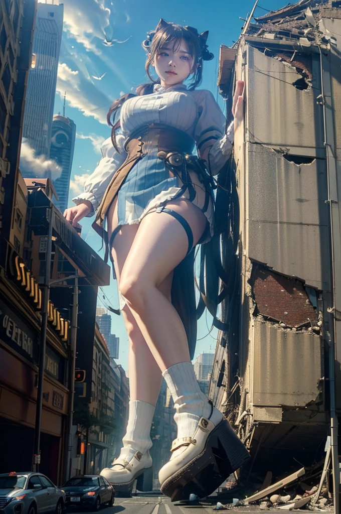 A giant ballerina girl towering over a destroyed tiny skyscrapers city, pink tutu, lace up pointe shoes, hyperrealistic 3d digital art, hyperrealistic 3 d digital art, 3 d epic illustrations, 3 d hyper realistic render, mind-bending digital art, destroyed city, photomanipulation, creative photo manipulation