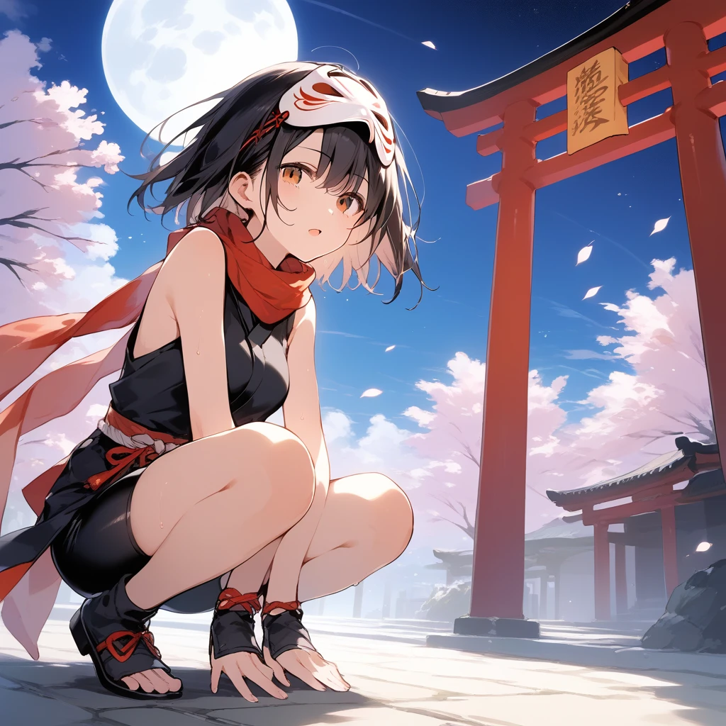 score_9, score_8_up, score_7_up, source_anime, best quality, masterpiece, official art, absurdres, highres, ultra-detailed,waifu2x,Collection: Slice of Life,break,1girl, ninja, noh mask, mask on head, short hair, , beautiful detailed eyes, bike shorts, scarf, sweat, open mouth, expressionless, squatting, kunai, outdoors, Above torii, night, moon, wind,break,(clear line illustration:1.2), super detailed skin,very high resolution, very aesthetic, Best sexual ng powered by famous artist, 8k,cute picture,beauty illustration,photoshop_(medium),,(Detailed Lighting),best anime 8k konachan wallpaper, pixiv contest winner,