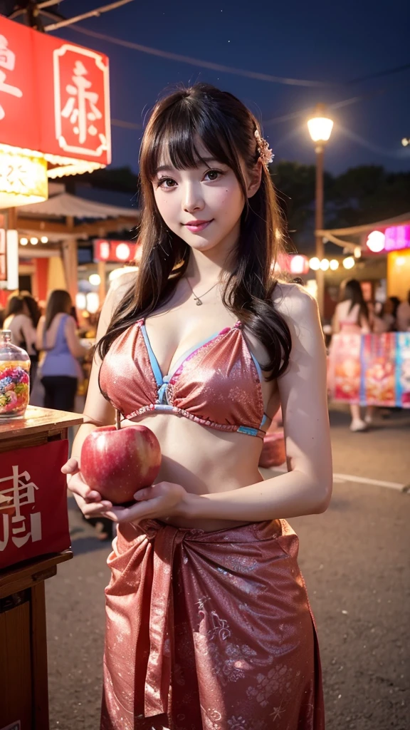 Cute face like an 18-year-old idol Smiling Kindly Bikini figure Full body portrait Slightly large bust Night Park Cherry blossom viewing under the illuminated cherry blossoms at night Sit on a picnic sheet She is holding a cute miniature dachshund RAW Photos Genuine Like in the movies Art Photography