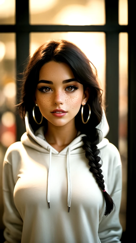 masterpiece,best quality, realistic illustration, style of Philip Lorca diCorcia, girl aged 20yo, 1girl, solo, black long hair, large braid, olive eyes, light freckles, toned body, large breasts, dark skin, wearing a hoodie, hoop earrings, perfect lips, posing for the camera, pretty face, cute face, vignette, realistic features, highly detailed body, high budget, bokeh, cinemascope, moody, epic, gorgeous, whole body photo, film grain, grainy