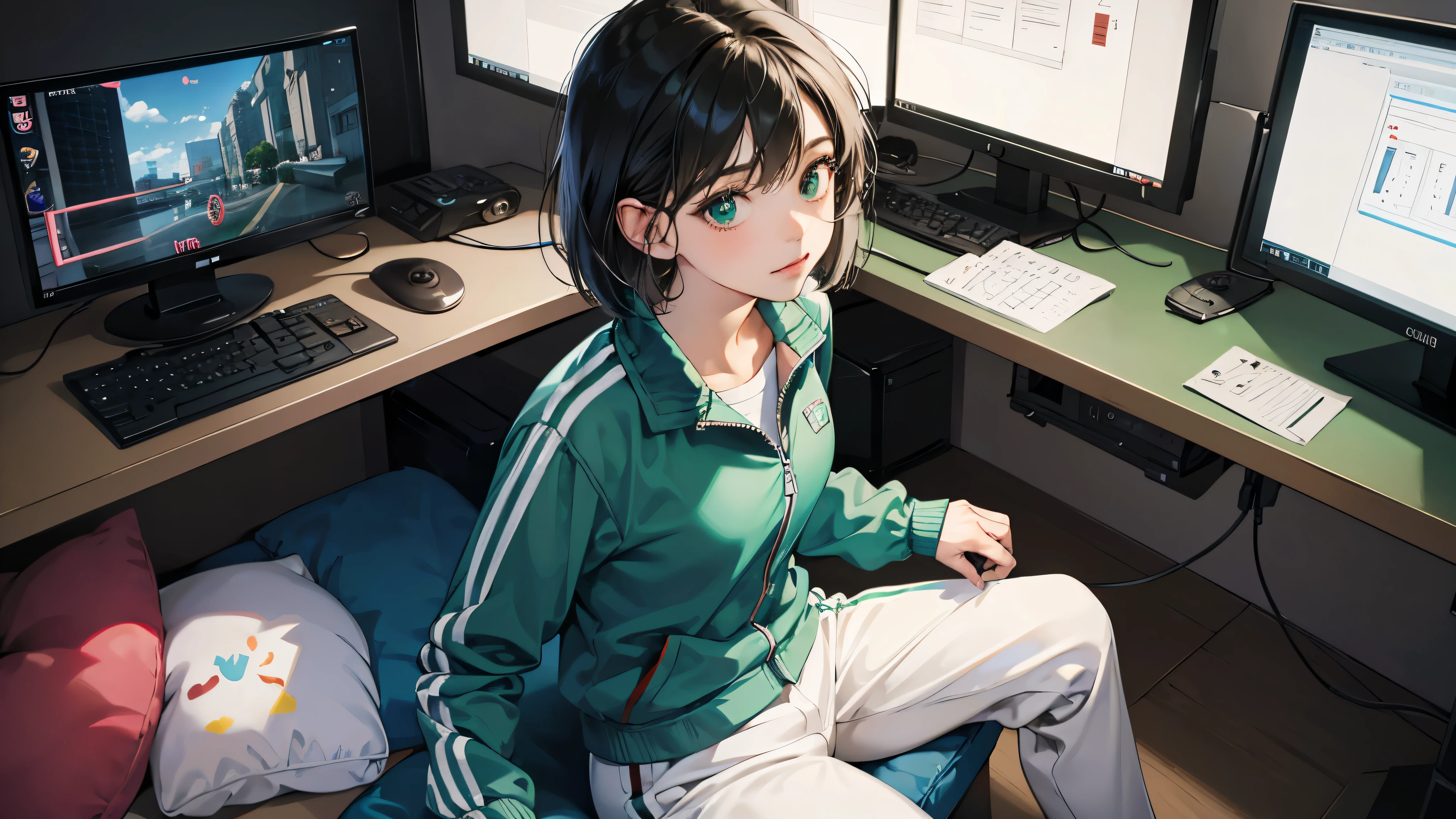 (perfect anatomy:1.2)(absurdres, highres, ultra detailed),masterpiece,best quality,high resolution,8k,Realistic face,Realistic skin texture,magnified textures, stunning clarity,detailed anime girl,(ultra detailed eyes and face),(1 girl:1.4)21years old,she is office worker,,black hair, bob cut, No-makeup look,,(green school track jacket:1.2),(white school track pants),white t-thirt,(The chest is visible),11 p.m,sparkling eyes,small nose,roundface,Women's Apartments in japanese suburb,(faint light),(darkness),(midnight),(sitting a gaming chiar:1.4),(happy),