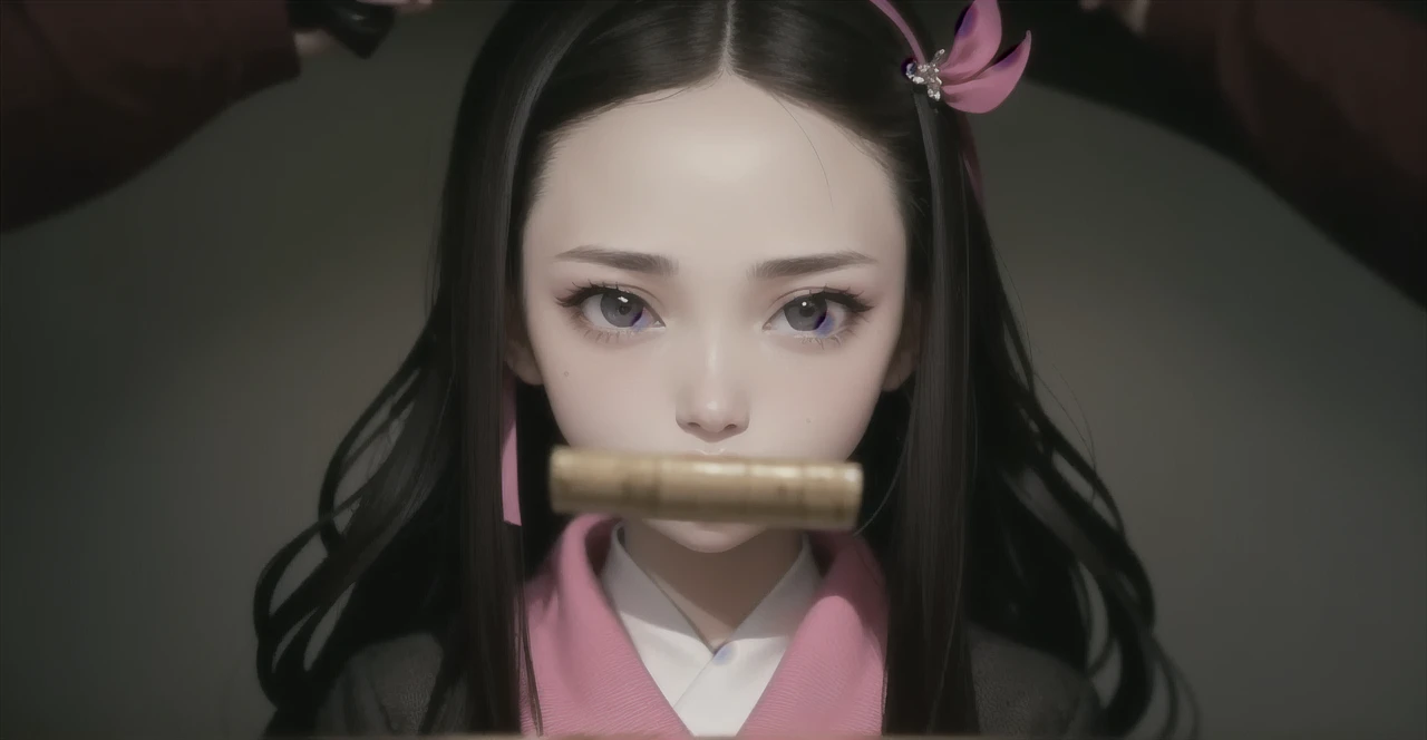 Close-up of a woman holding a bamboo stick cut into 10cm pieces, Eye color is pink、nezuko-chan, nezuko, Super villain IU Lee Ji-eun, Live-action movie stills, Black Pink's Jisoo, BLACKPINK's Jisoo, Korean symmetrical face, A scene from a live-action movie, blackpink jisoo portrait, Behind her is an ornate Korean polearm.