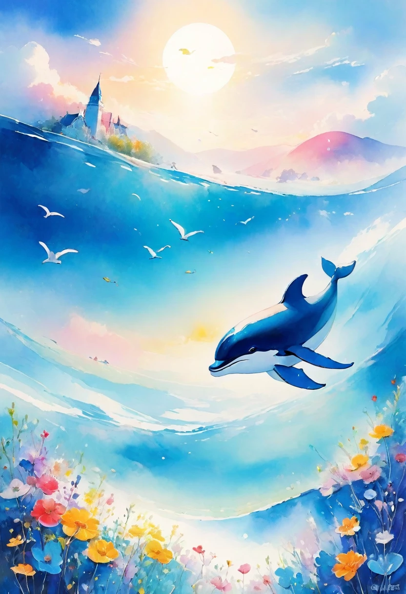Highest quality:1.2、masterpiece:1.2、Whales flying in the sky、Cloud Waves、blue sea、White sun、Slowly swimming whale、Whales swimming above the clouds、Weightless Whale、