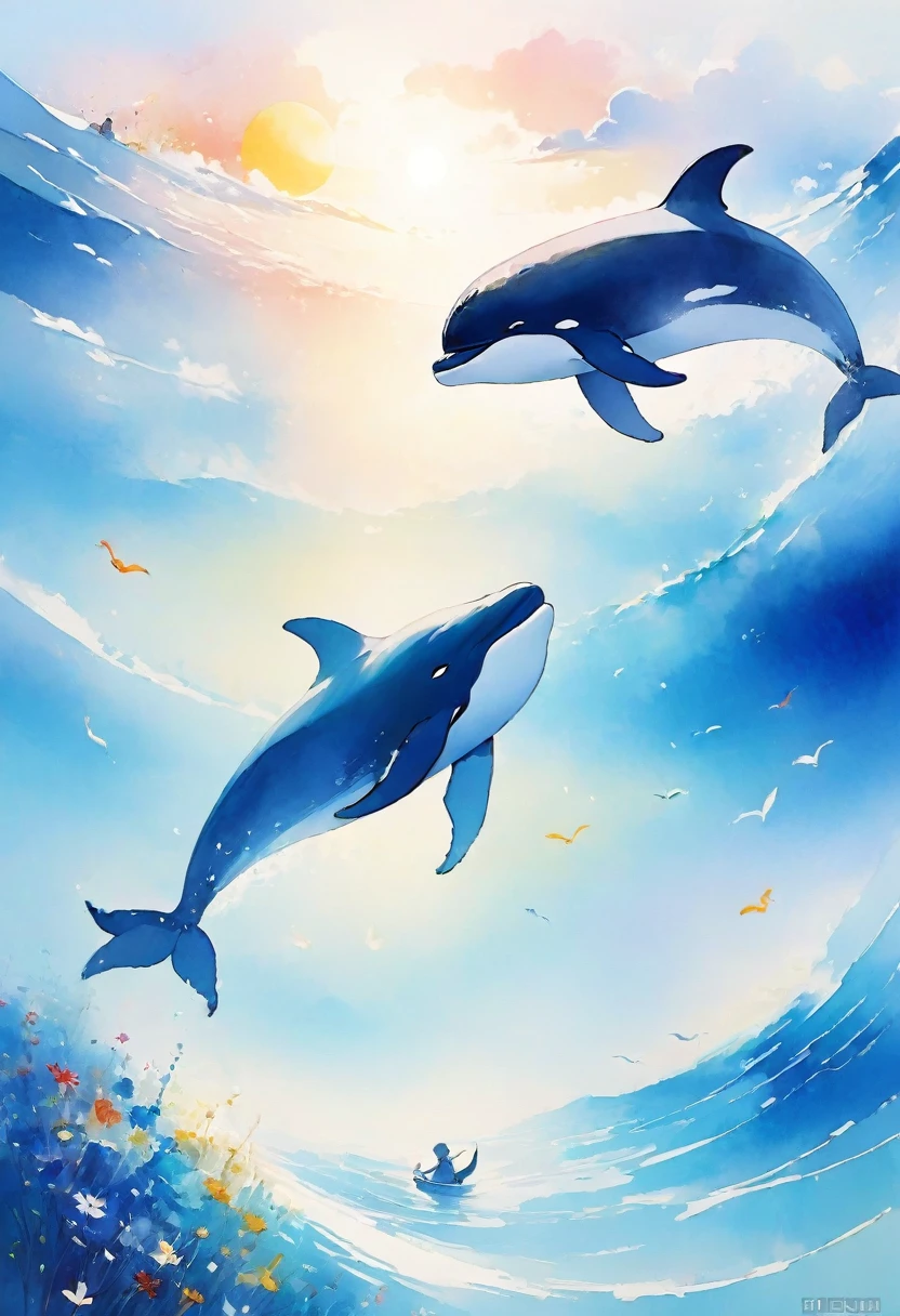 Highest quality:1.2、masterpiece:1.2、Whales flying in the sky、Cloud Waves、blue sea、White sun、Slowly swimming whale、Whales swimming above the clouds、Weightless Whale、
