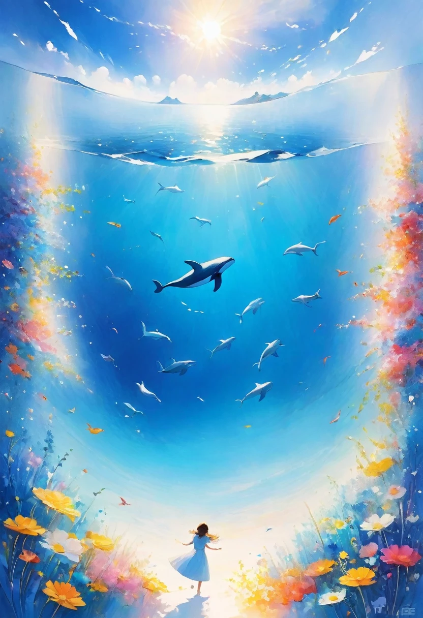 Highest quality:1.2、masterpiece:1.2、Whales flying in the sky、Cloud Waves、blue sea、White sun、Slowly swimming whale、Whales swimming above the clouds、Weightless Whale、