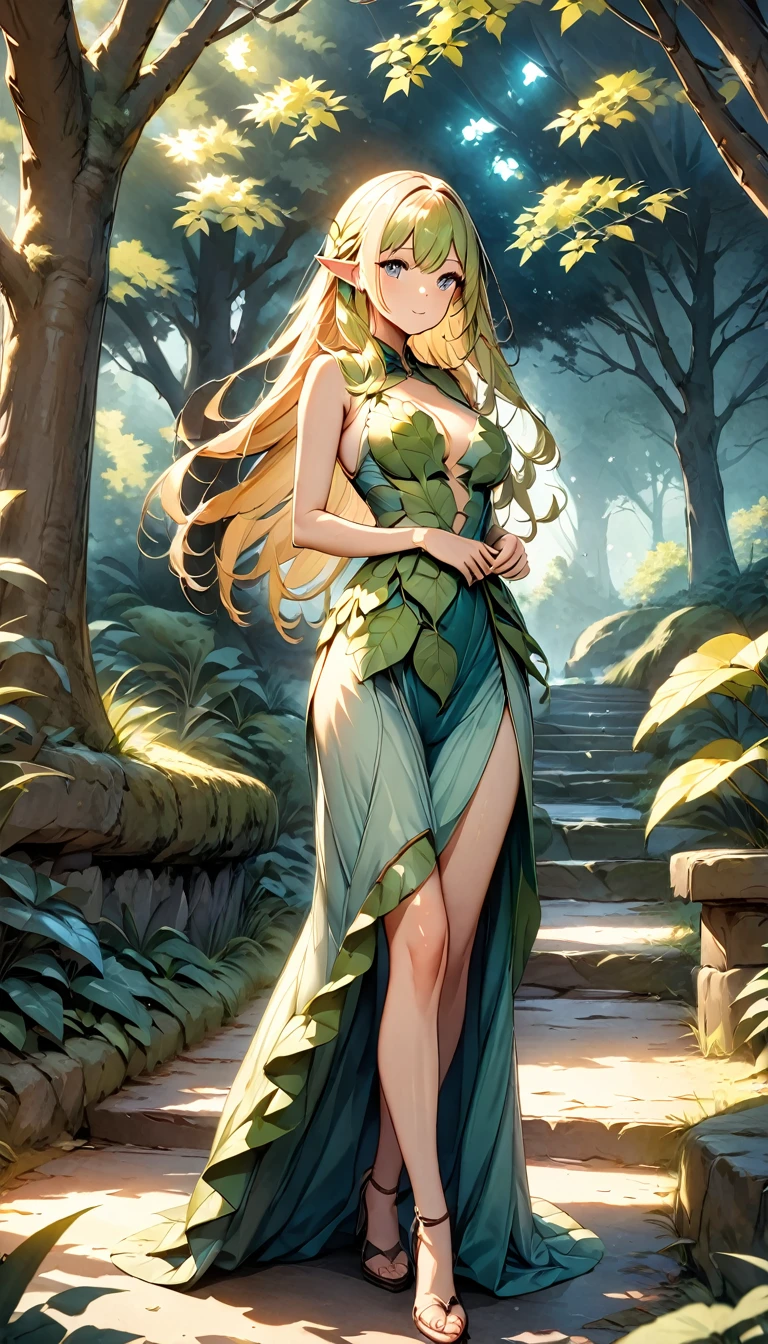 A beautiful elf girl with attractive features, standing under a tree in a deep forest at night, wearing leaf-like clothing, with a blue-ish skin tone, (best quality,4k,8k,highres,masterpiece:1.2),ultra-detailed,extremely detailed face and eyes, intricate leaf-like garments, moonlight shining through the trees, lush foliage, fantasy landscape, ethereal atmosphere, cinematic lighting, warm tones
