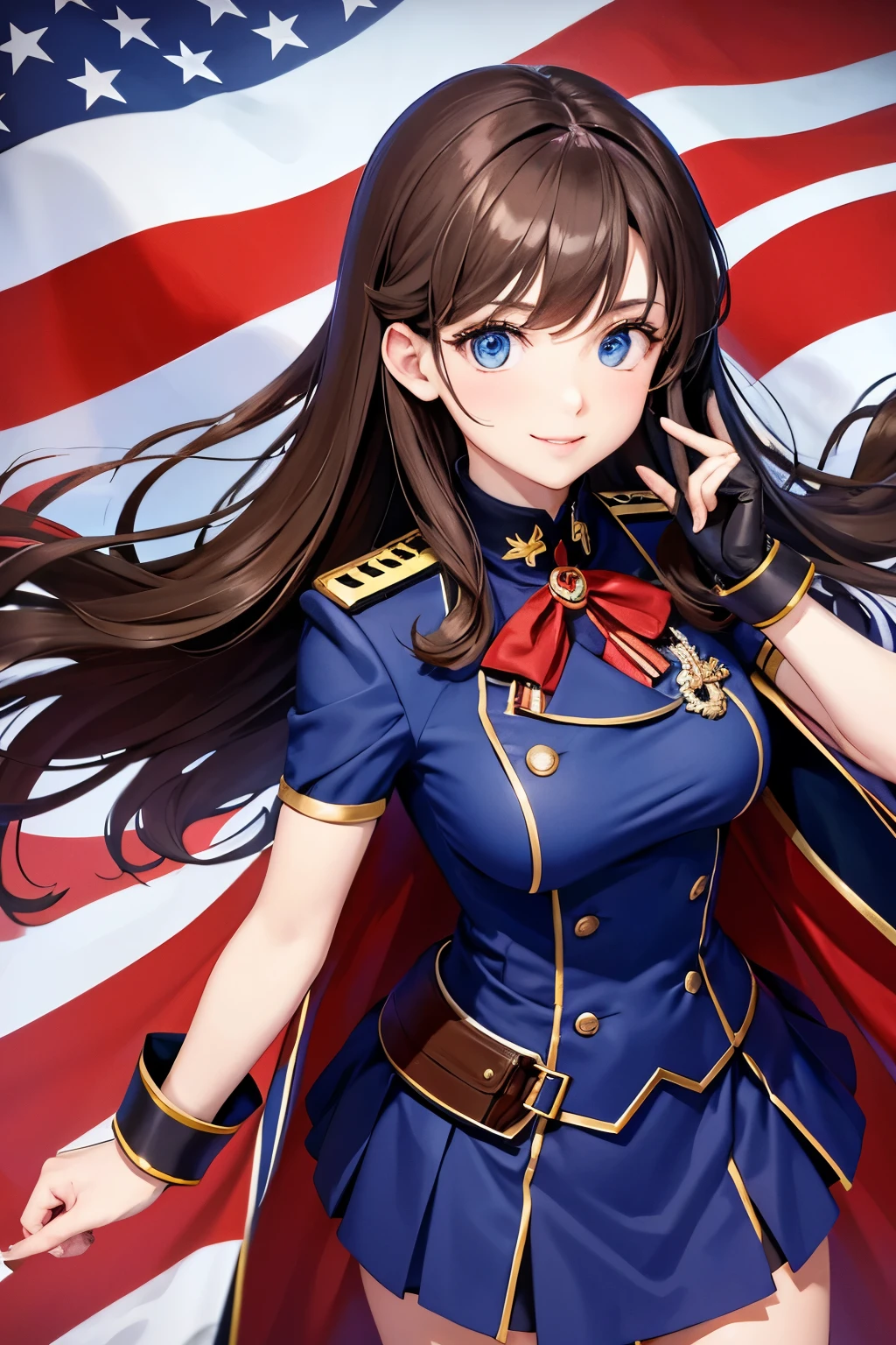 Anime girl in military uniform. Two thumbs up, brown hair and blue eyes, short skirt, dark red cape on shoulders, smiling. In the background is a busy port. Natalia Lack-esque, grown-up.
