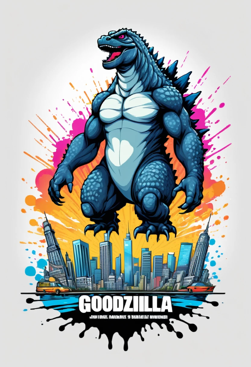 (((white background))), (((SPLASH ART))) intricately detailed t-shirt design ready for print , 2d, ONE HUGE black angry full body Godzilla in foreground City sunset at the background, vibe detailed design for streetwear and urban style t-shirts design, pro vector, (cel-shading style:1.3), inkpunk, (ink lines:1.1), strong outlines, bold traces, high contrast, (cel-shaded:1.1), vector, 32k resolution, best quality,, flat lights,vector t-shirt art ready for print, intricate rich extremely complex ornaments illustration, extremely detailed and complex illustration, high detail, clean lines style, intricate high details, (((white plain background)))