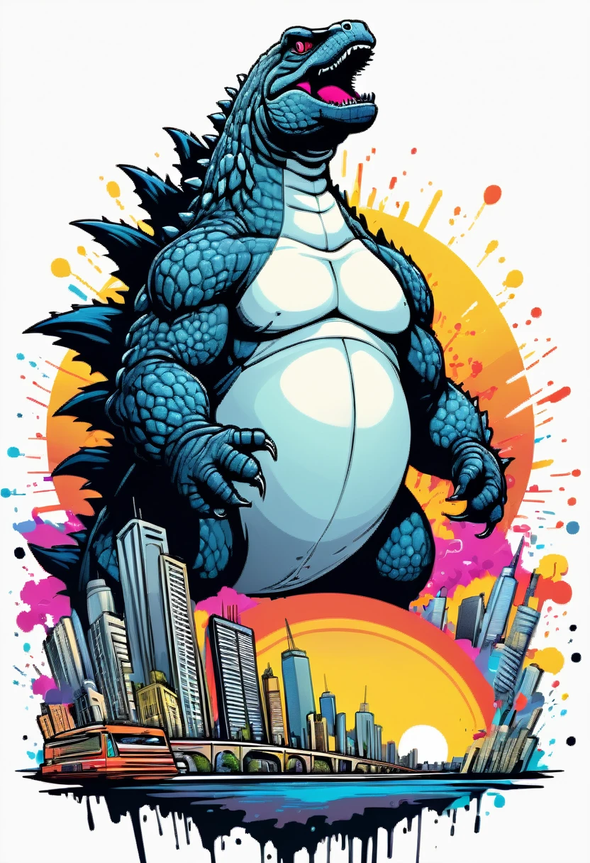 (((white background))), (((SPLASH ART))) intricately detailed t-shirt design ready for print , 2d, ONE HUGE black angry full body Godzilla in foreground City sunset at the background, vibe detailed design for streetwear and urban style t-shirts design, pro vector, (cel-shading style:1.3), inkpunk, (ink lines:1.1), strong outlines, bold traces, high contrast, (cel-shaded:1.1), vector, 32k resolution, best quality,, flat lights,vector t-shirt art ready for print, intricate rich extremely complex ornaments illustration, extremely detailed and complex illustration, high detail, clean lines style, intricate high details, (((white plain background)))
