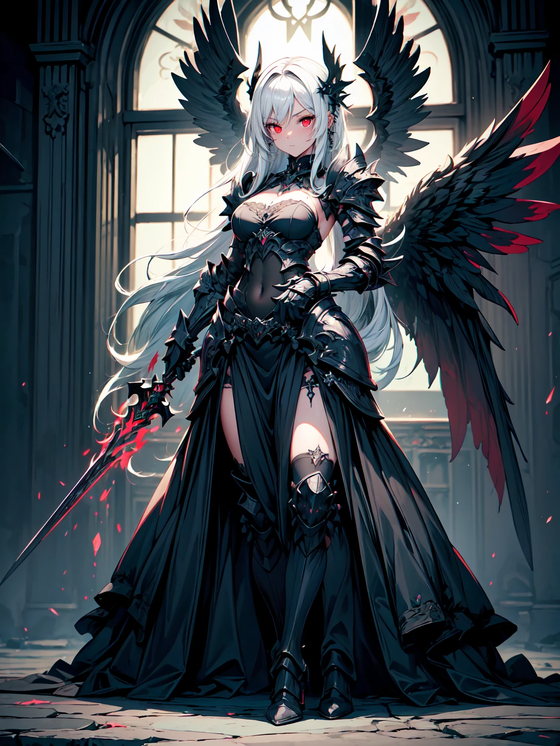(((masterpiece, best quality, 16k)))queen power armor , (gothic style), full body view , bellybutton, The most beautiful and sexy demon goddess, long white hair, glowing red eyes, wearing detailed black gothic battle armor, black angel wings, tattoos and piercings, gothic castle, perfect masterpiece, high quality, high resolution