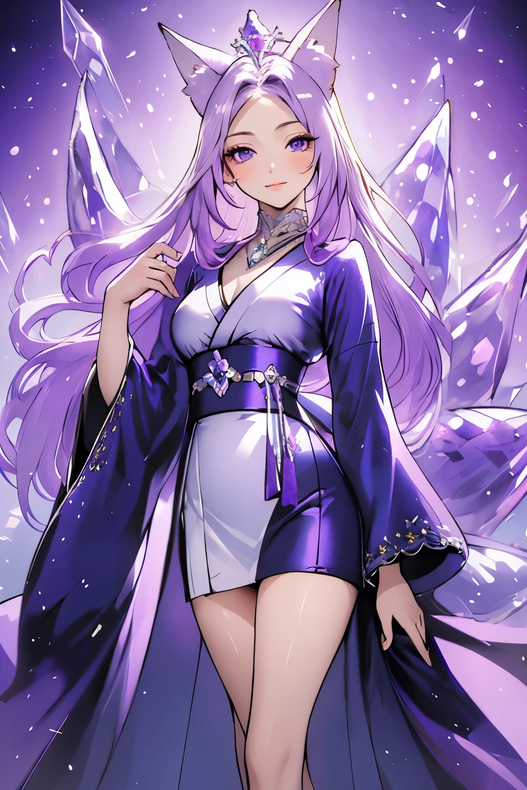 ((best quality)), ((masterpiece)), (detailed), detailed eyes, detailed hands, full-length image, female humanoid kitsune, standing, short length kimono that reaches up to her thighs, crystal crown on top of her head, light purple hair, light purple fox ears, detailed crystal fox tails, 1 crystal star on her forehead, delicate and beautiful detailing, beautiful face, well-proportioned detailed purple eyes, round detailed purple eyes and makeup, beautiful detailed and clear purple eyes, volume smooth and sharp, long flat bangs, fictional art, best photos, best quality, very beautiful and meticulous crystal star on forehead, delicate, mouth closed smile, not fully smiling