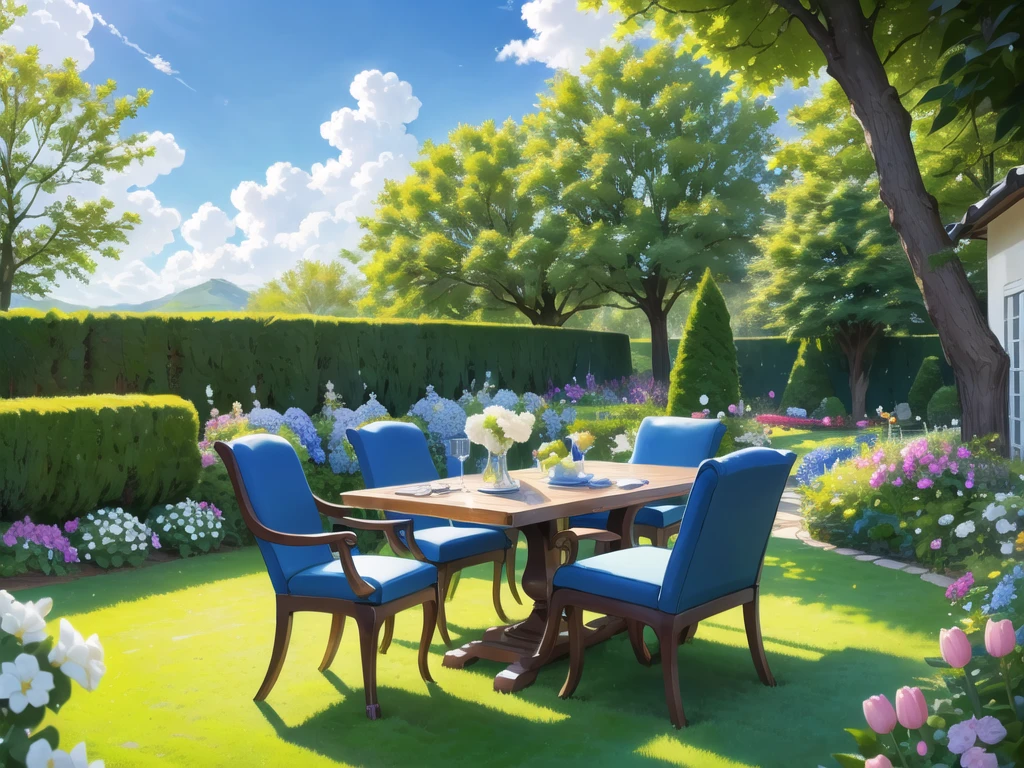 in the garden,There is a dining table.,There was a lot of food up there.,blue sky and white clouds
