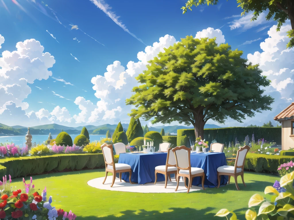 in the garden,There is a dining table.,There was a lot of food up there.,blue sky and white clouds
