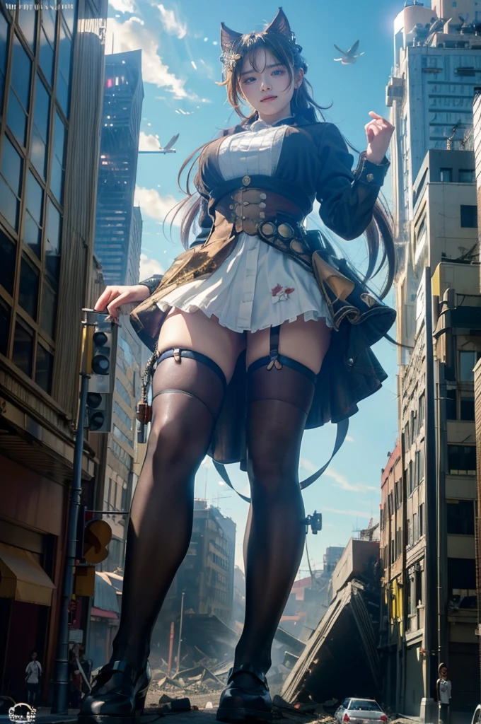 Fisheye Lens、looking at the camera、steampunk、Standing on top of a ruined building、Big building explosion、The building collapses、Urban hustle and bustle、Traffic jam、City of Rubble、street tree、Car and bus、truck、taxi、City boulevard、Pedestrian bridge、Streetcar route、((((Azur Lane Cheshire Cosplay))))、Frilled maid outfit、((Super huge breasts))、((Plump thighs))、Ground View,City of Giants,500 foot tall giant girl,skyscraper,Has super long legs,Step into the crowd,There are many people on the street,Knee-high socks、loafers,A happy look,Standing on the ruins,Beautiful appearance,Exquisite makeup,quality,8k,高quality,Perfect Proportions, Cinema Lighting,Film Grain,The Colors of Fuji,8k,Textured skin,Super Detail,High detail,high quality,High resolution,explode,False Smile、Reaching out
