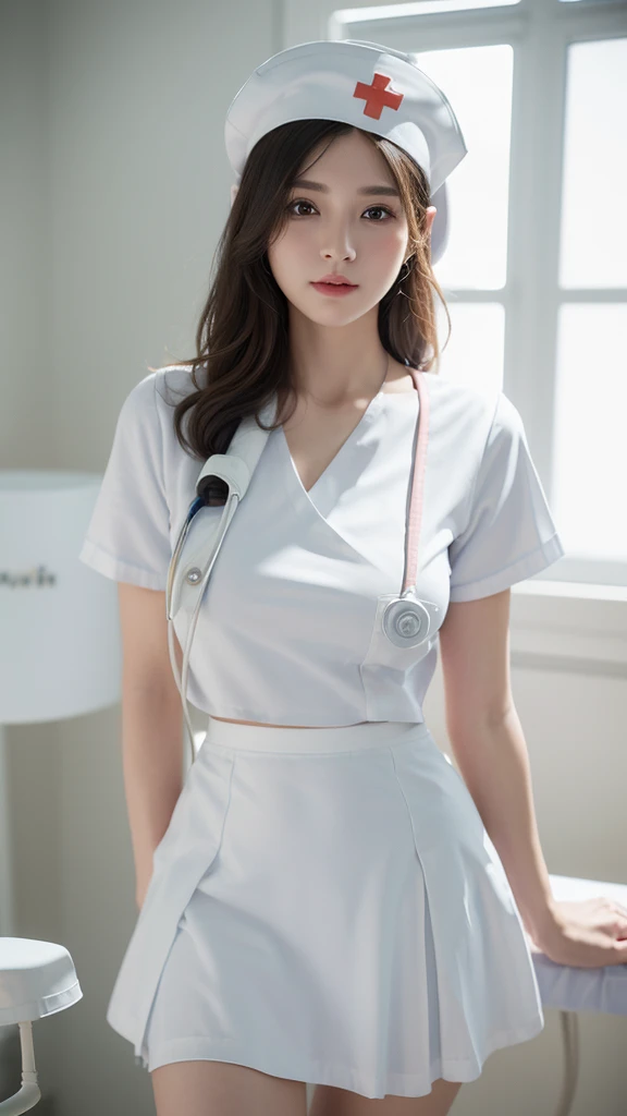 innocent 25 year old girl,giant :1.2,cleavage of breasts:1.2、(panty shot:1.3) (white nurse uniform:1.5),( White short skirt:1.5),(White nurse hat:1.5),(white nurse pumps:1.5), Angle:1.2、The background is a hospital room.、laugh,shortcut、RAW photos, (8k、top quality、masterpiece:1.2)、(intricate details:1.4)、(realistic:1.4)、octane rendering、Complex 3D Rendering Ultra Detailed, studio soft light, rim lights, vivid details, super detailing, realistic skin texture, detail face, Beautiful eye for detail, Highly detailed CG Unity 16k wallpaper, assembly, (detailed background:1.2), glowing skin, whole body