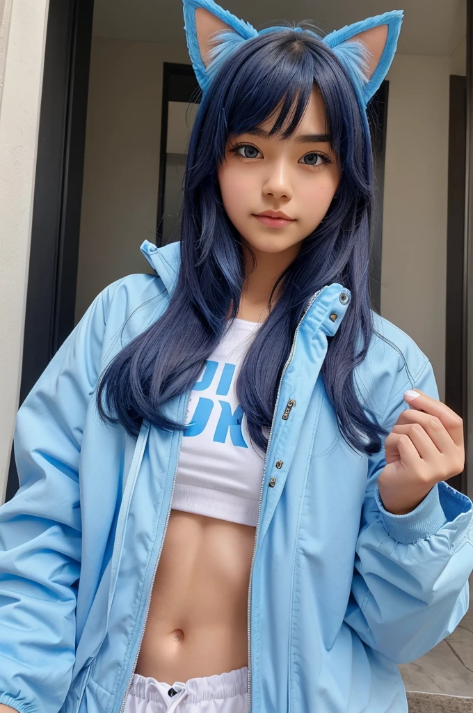 high school student,girl、(Bunny ears headband)。(Random Nudes)，Exhibitionism，((Random exposure of genitals))。　Beautiful areola。Small breasts. Fine hair。(On the snowy lake). Bokeh Background。(Bright light blue hair)。(Round face). ((Short Bob Hair)). 可愛いsmile. Idol&#39;s face. Smooth Hair. Thin Hair. (White skin). Full body photo. fun,smile.