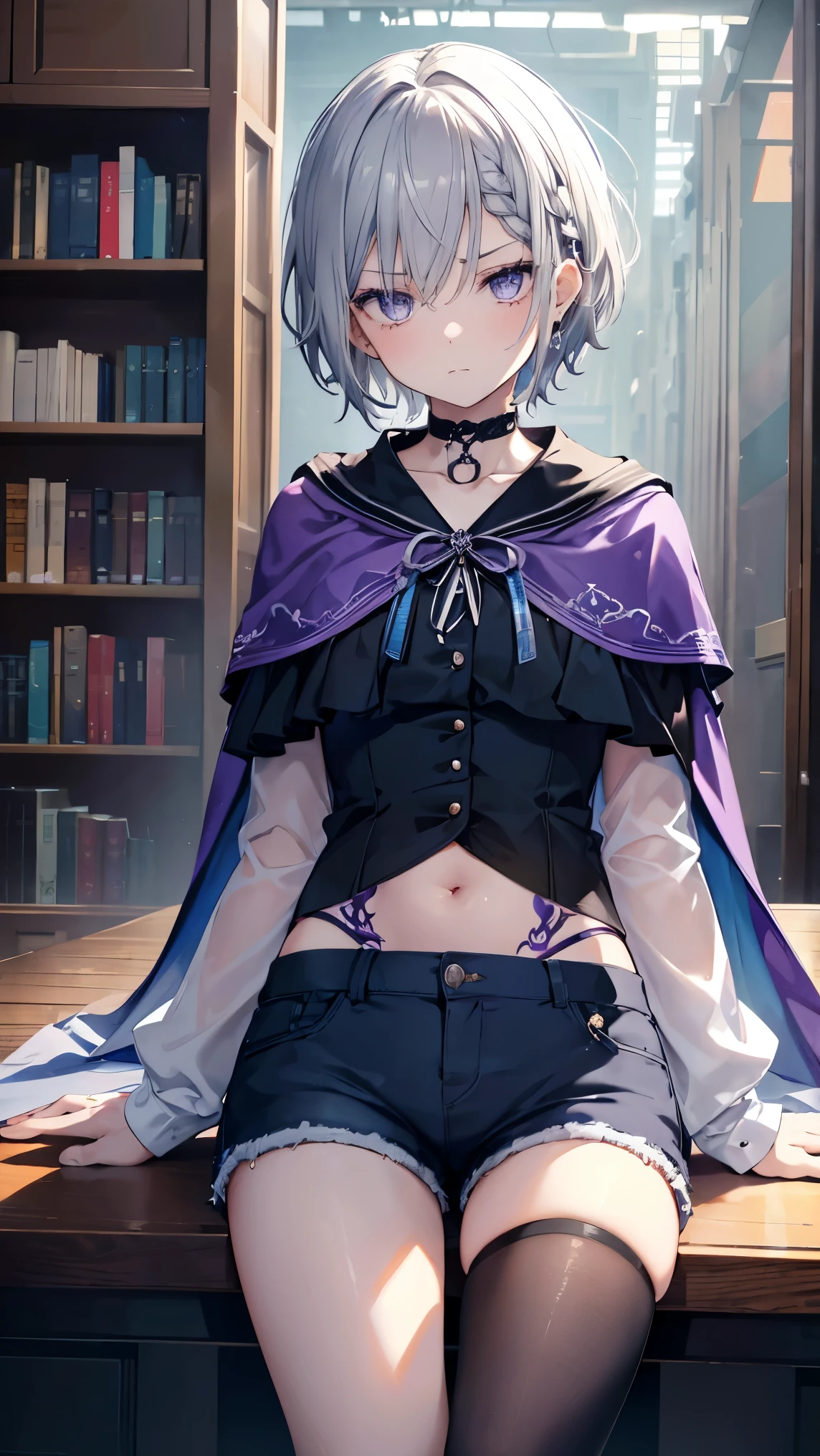 High resolution,high resolution,Girl,(Braiding,Gray Hair,Short Hair,Blue accent color),Purple Eyes,Slanted Eyes,Bad mood,boyish,slender,,sit,Tattoo,library,Shorts,blouse,choker,Cape,