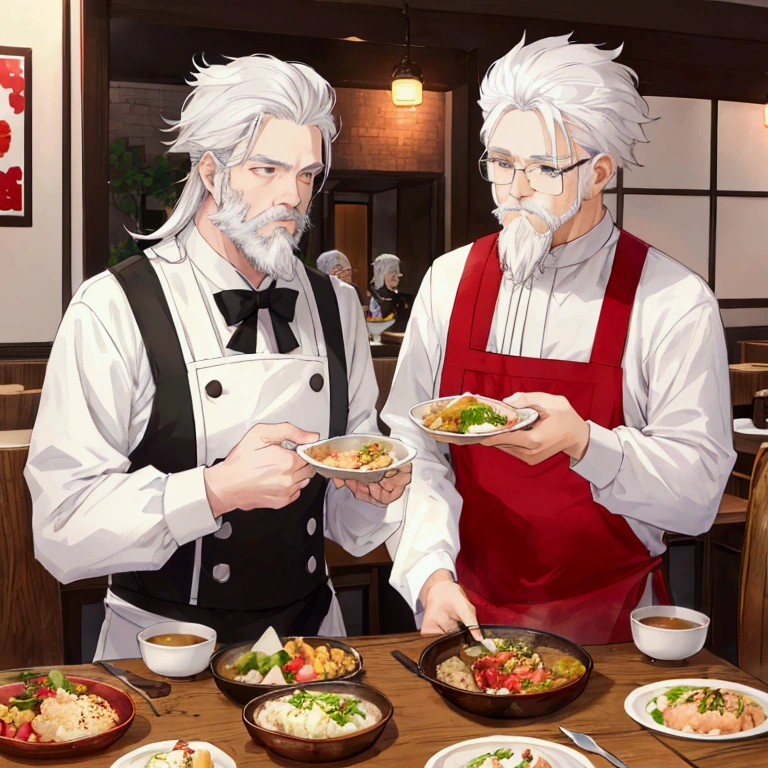 middle-aged white-haired man、Short white beard、Center Parting、Eat food at a restaurant、meal