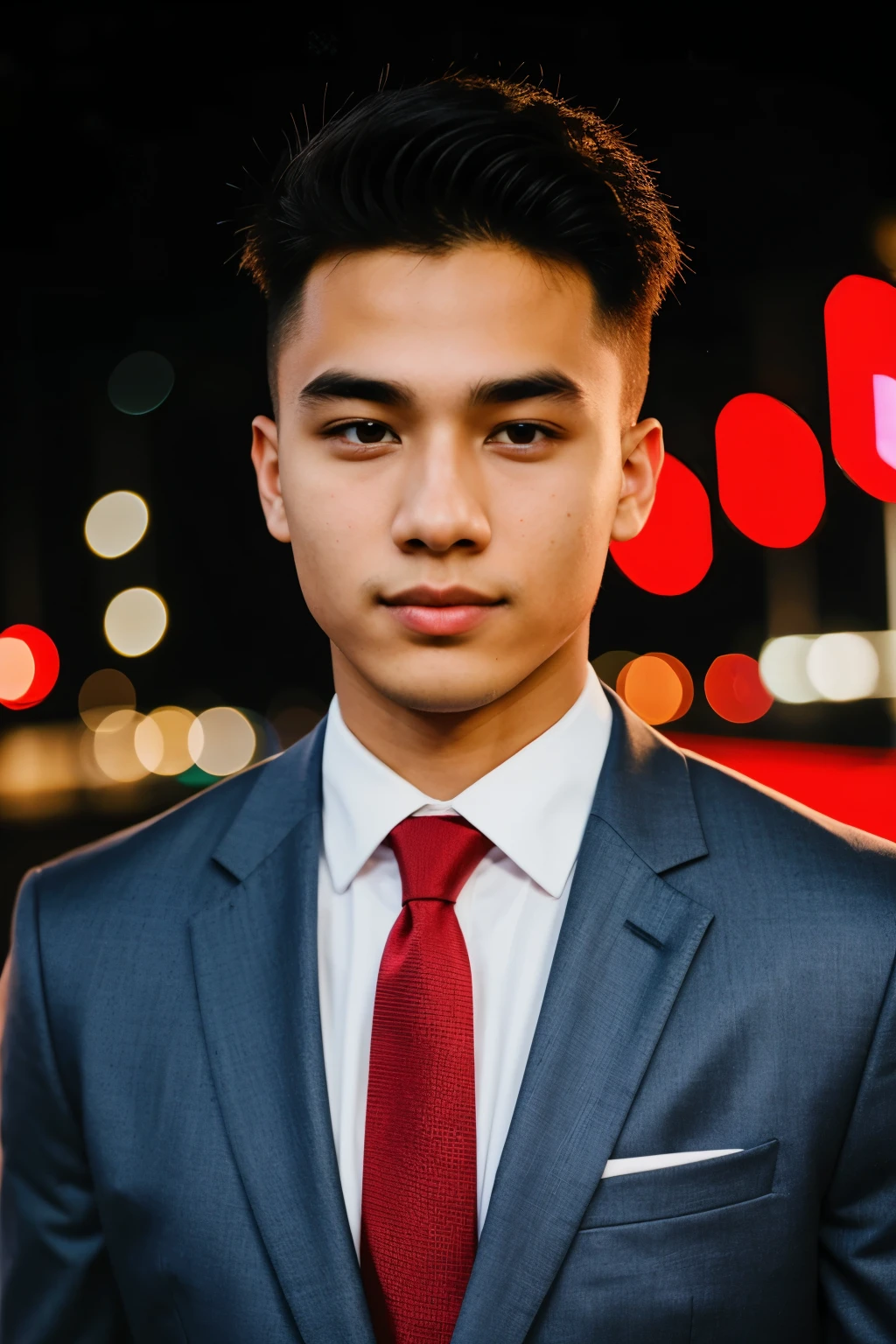 21 year old boy with fair skin color posing for linked in profile facing the front standing and facing the screen a little closser in professional way in formals and cool red lights background