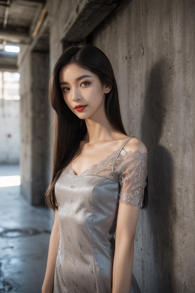 (((best quality))),(((ultra detailed))),(((masterpiece))),illustration,((1 beautiful girl,solo)),((slim,thin)),((small breasts,flat chest)),(shoulder length straight hair:1.2),summer afternoon,((unfinished concrete room,alluring,gray walls)),(short sleeves:1.2),(black lace dress:1.3),(seductive,elegant,full bosom,fair skin,golden strands,delicate features,deep brown eyes,mischief,mystery,enchanting smile,vibrant red lips,serene beauty,self-assuredness,industrial ambiance,raw cement walls,exposed pipes,sexuality,allure,refined beauty,compelling visual narrative,seductive gaze,elegant posture,industrial backdrop,lasting impression,((standing,from front,upper body))
