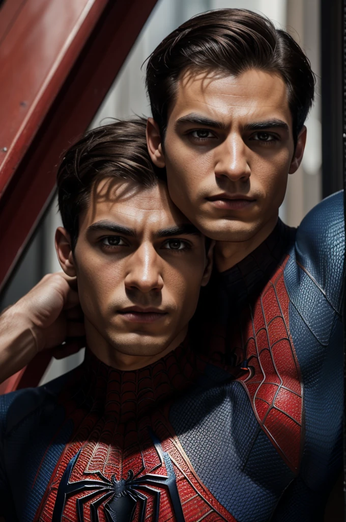 A photo of Spiderman, no mask, the 20s, Good looking, detailed face, look into the camera, portrait, 8K UHD, good quality