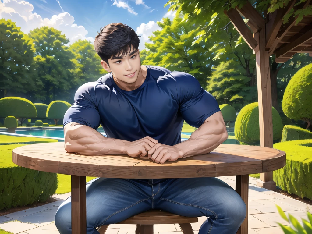 1 man is in the center of the picture., smile, (Wear a dark navy round neck shirt.., short sleeve shirt ยี่ห้อ under armor), (jeans), (Korean people) , korean men, (realistic light), looking at the audience, Balancing eye contact), in the garden,There is a dining table.,There was a lot of food up there.,blue sky and white clouds