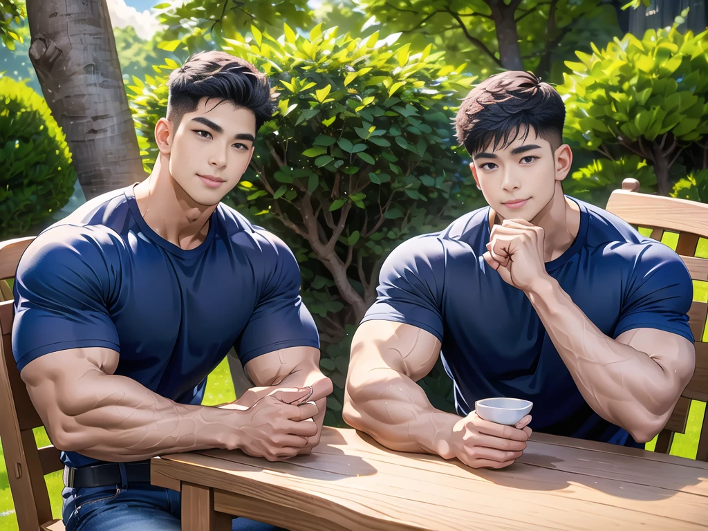 1 man is in the center of the picture., smile, (Wear a dark navy round neck shirt.., short sleeve shirt ยี่ห้อ under armor), (jeans), (Korean people) , korean men, (realistic light), looking at the audience, Balancing eye contact), in the garden,There is a dining table.,There was a lot of food up there.,blue sky and white clouds