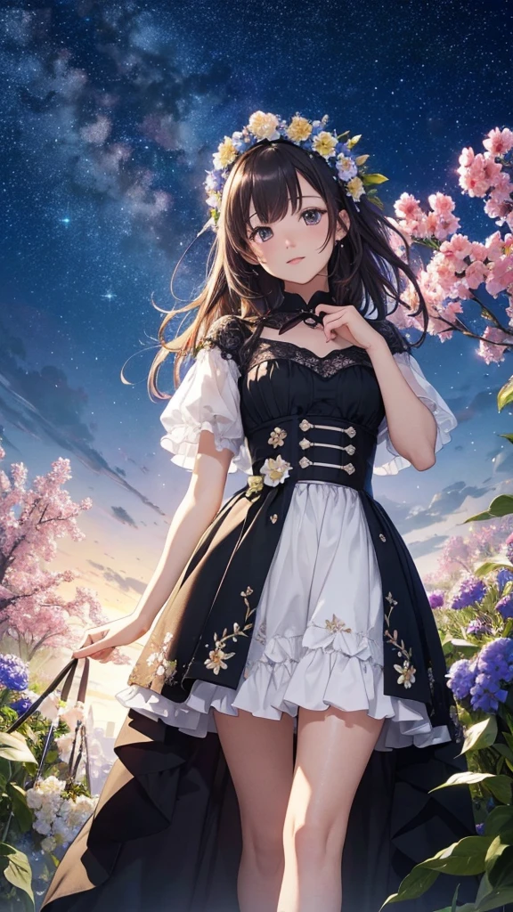 High quality, high detail, brilliant starry sky, flowers of various colors emit dazzling light CG Art 8K