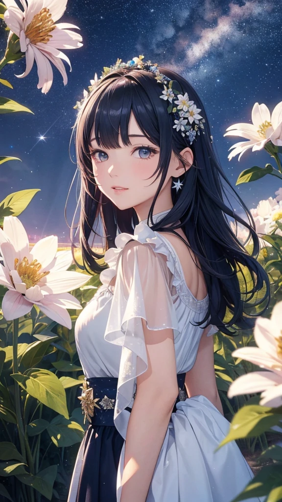 High quality, high detail, brilliant starry sky, flowers of various colors emit dazzling light CG Art 8K