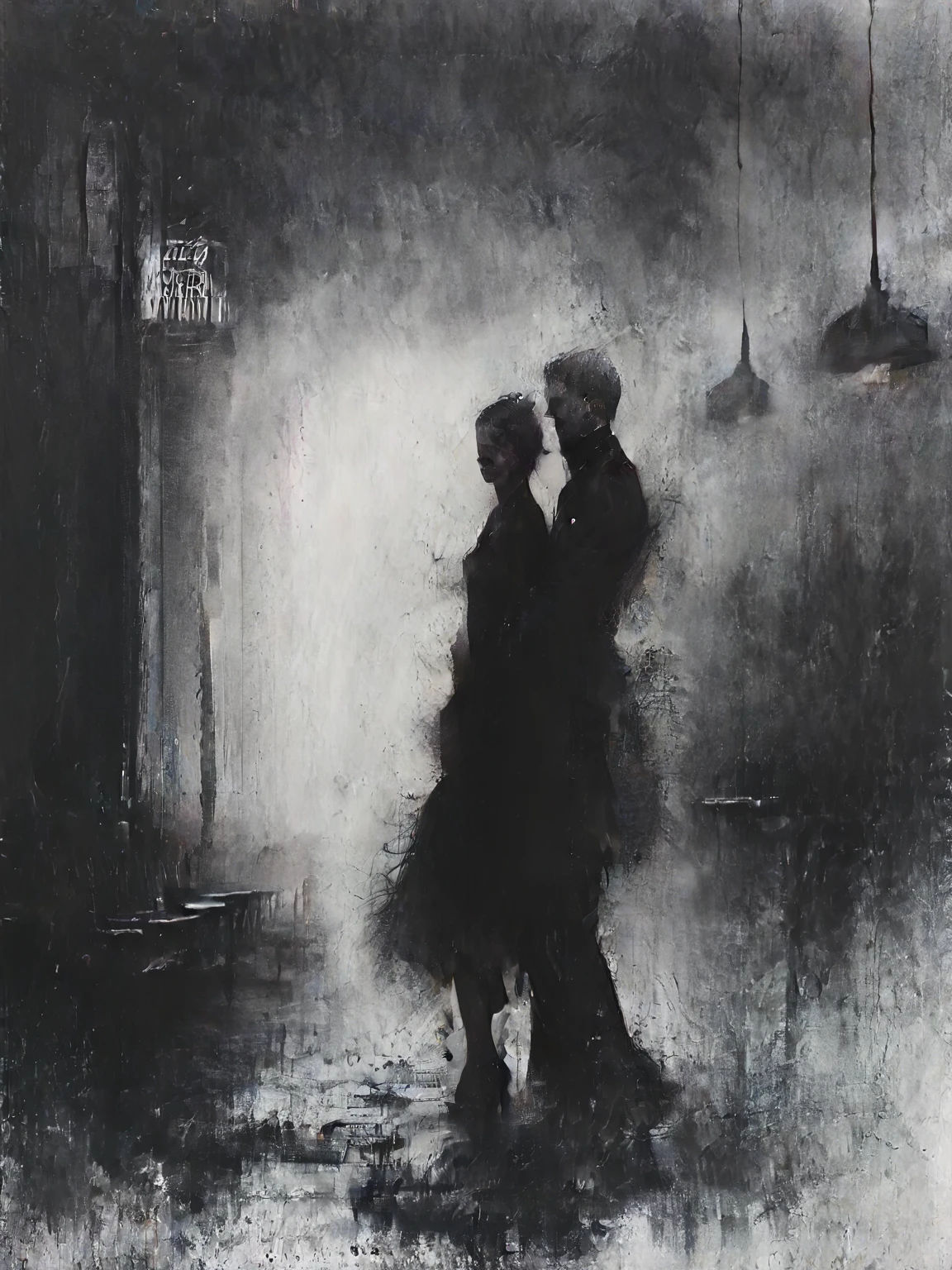 beautiful artwork illustration, (portrait composition:1.5), ballroom couple of dancers dancing together, beautiful woman, latina,highly detailed face,perfect makeup, long legs, lowcut back, BREAK goodlooking man, tall, black tuxedo, BREAK  ((best quality)), ((masterpiece)), (detailed),    