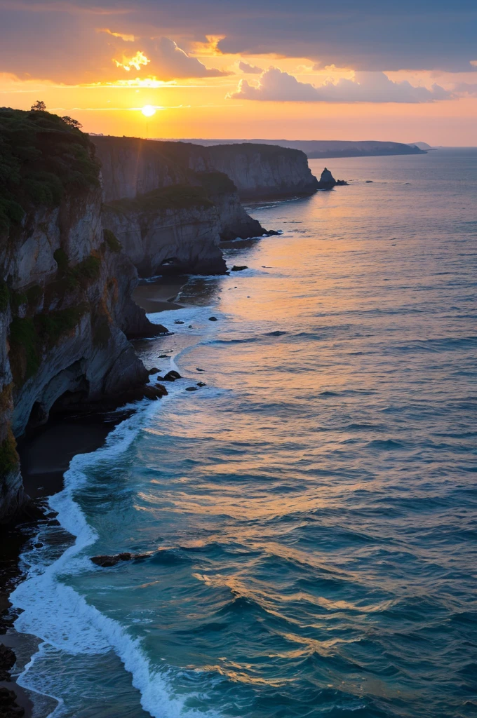 Coastline illuminated by the setting sun。