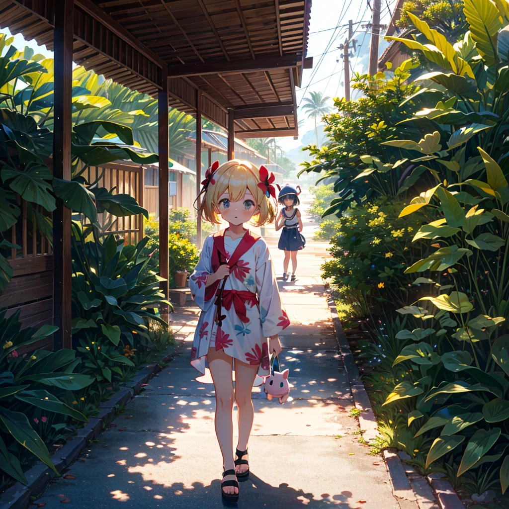 High quality background, bright and beautiful atmosphere, three girls (2 , (one with a short temper and round face), (one child)) ( surface effect, color effect), small breasts, blonde hair, Hawaiian resort area, in front of a fashionable Hawaiian store, a girl wearing Hawaiian clothes, very showy hairstyle, wiping her forehead looking hot, a mini pig walking sadly behind, a tropical mini pig having fun, "deltamon_sdXL: 0.73)>Deltamon makes an instant decision.