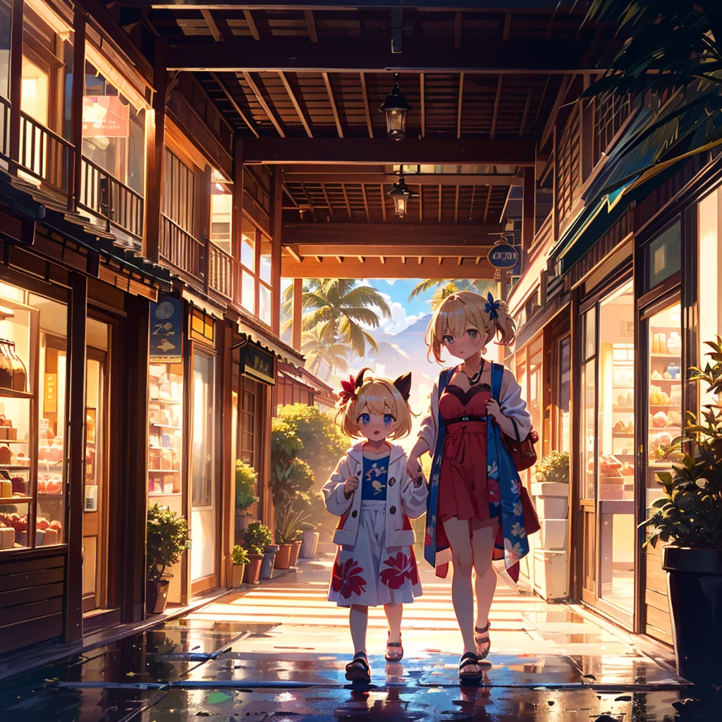 High quality background, bright and beautiful atmosphere, three girls (, (one with a short temper and round face), (one child)) (hair, surface effect, color effect), small breasts, blonde hair, Hawaiian resort area, in front of a fashionable Hawaiian store, a girl wearing Hawaiian clothes, very showy hairstyle, wiping her forehead looking hot, a mini pig walking sadly behind, a tropical mini pig having fun, "deltamon_sdXL: 0.73)>Deltamon makes an instant decision.
