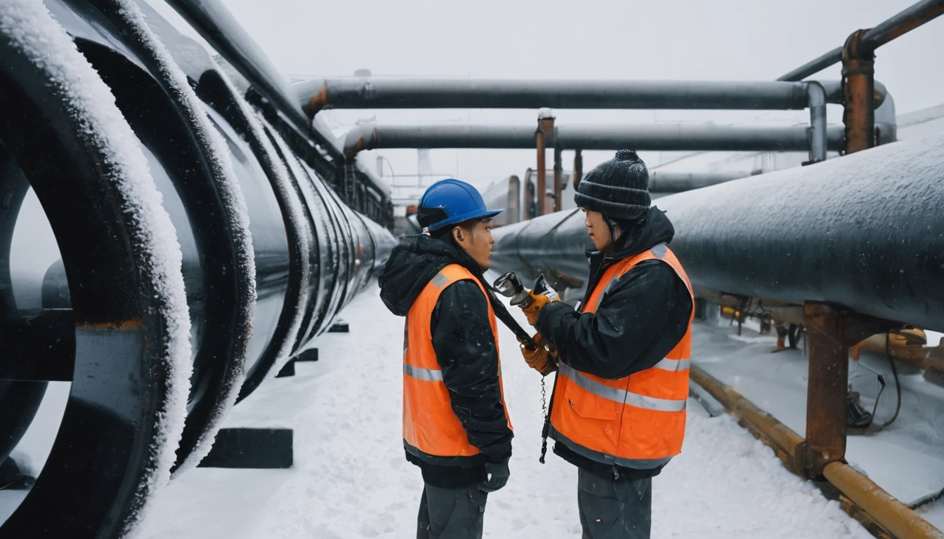 Two 20-year-old men working on a pipeline，Wearing black cotton jacket，Asian，Huge pipe，Use a large wrench，A huge valve that opens half the screen，A huge valve that takes up half of the screen，Painful expression，With cap，indoor，cold，Snow Covered，snowstorm，Gloomy sky