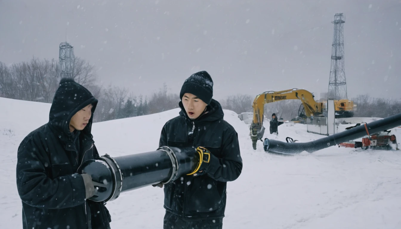 Two 20-year-old men working on a pipeline,Wearing black cotton jacket,Asian,Huge pipe,Use a large wrench,A huge valve that opens half the screen,A huge valve that takes up half of the screen,Painful expression,With cap,indoor,cold,Snow Covered,snowstorm,Gloomy sky