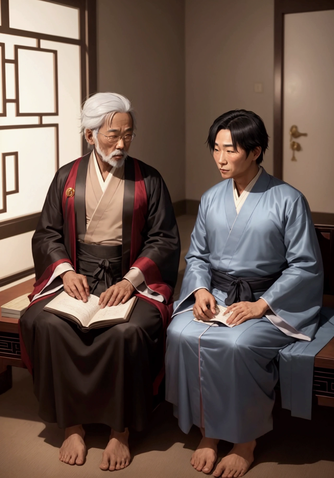anime 2d, anime, "In a modest room, Doctor Mo, a 60-year-old male, gray hair, wearing Chinese robes, and Han Li, a 14-year-old male, wearing Chinese robes, black hair and brown eyes, are sitting, but maintaining a certain away. Doctor Mo praises Han Li, but the latter remains suspicious. The atmosphere is tense, with both of them studying each other carefully, like a game of chess."