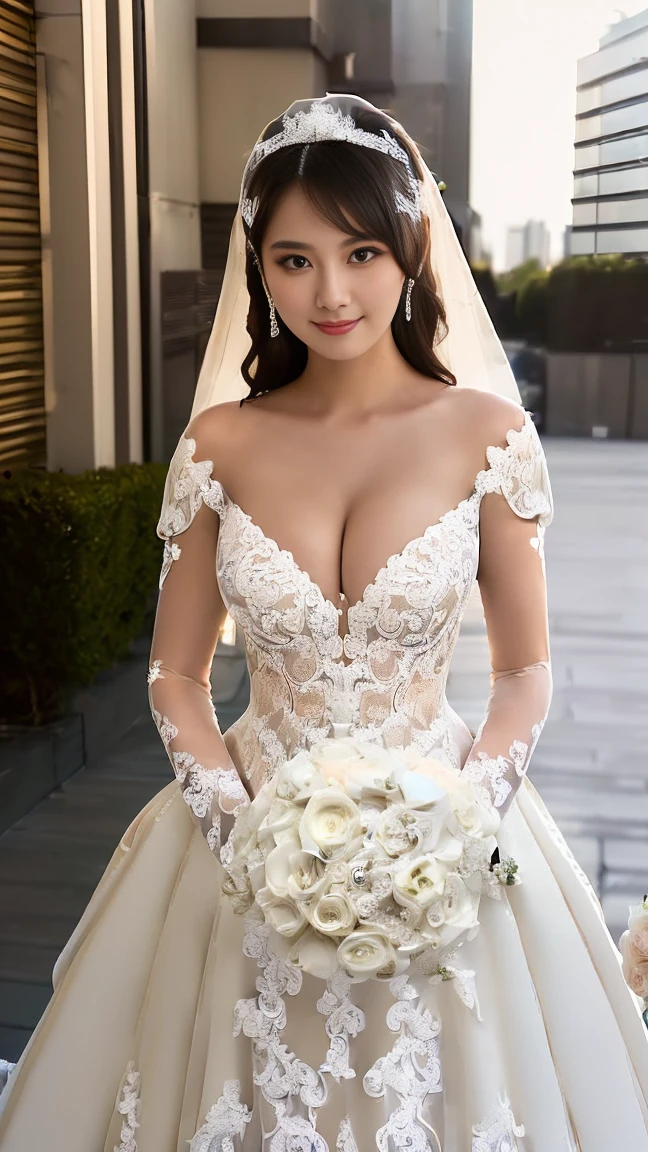 ((((masterpiece、Highest quality、High resolution、Tabletop、wallpaper、Realistic、Bright lighting、Professional Lighting、Face Light、Smooth lighting、Japanese women、Beautiful woman、action、gravure、sexy、so beautiful、Beautiful Skin、Beautiful and exquisite、Detailed face、slim、Looking into the camera、Cleavage))))、((Big Breasts:1.4))、((((japanese,20-years-old,One woman,outdoors,Looking into the camera,wedding dress:1.5)))),smile,close mouth