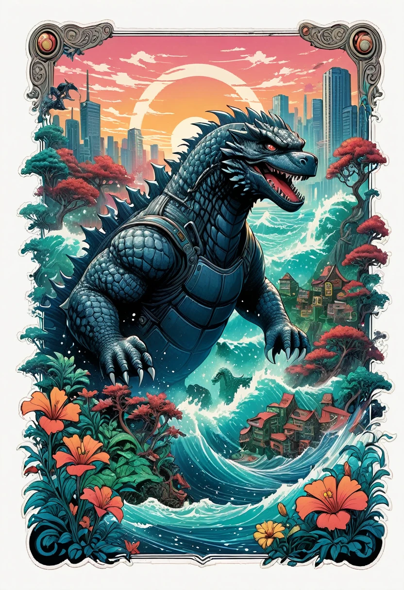 godzilla rising over the ocean with a city in the background, studio ghibli and dan mumford, in the style dan mumford artwork, inspired by Dan Mumford, ( ( ( ( ( dan mumford ) ) ) ) ), by Dan Mumford, in the art style of dan mumford, el bosco and dan mumford, dan mumford paint, fractal thunder dan mumford, godzilla portrait, kaiju