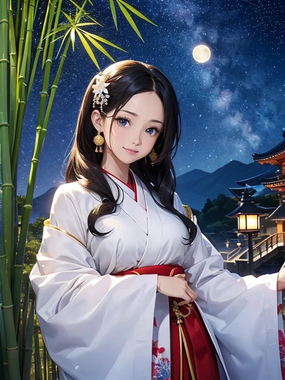 (Highest quality、 8k wallpaper、masterpiece、High resolution)、Vibrant colors、The Tale of the Bamboo Cutter、The Tale of Princess Kaguya、Elegant and beautiful woman with long black hair、A kind look、Smile on the lips、Traditional costumes of Japan、12 Single layer costume、whole body、Detailed Background、(Tall bamboo, starry sky and full moon)、Detailed digital art、