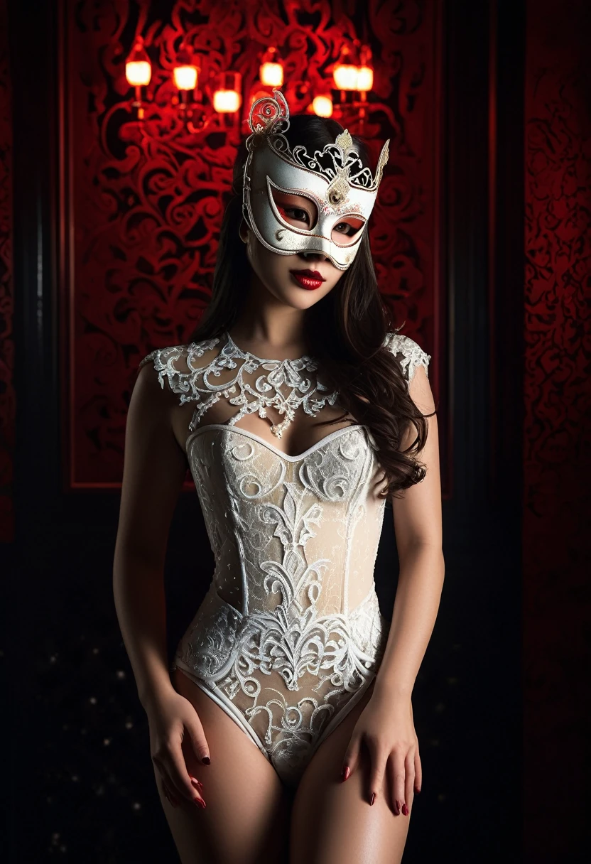 A very attractive 25 year old Caucasian woman with lustrous dark hair., People wearing masks that cover only the left side of their face, With cinematic light. Very realistic、Create full-body photos of half-naked women at a secret masquerade . She is wearing an intricate Venetian mask and a luxurious costume. Notice her elegant appearance, highlighting her beautiful eyes, And lips. Make sure your faces and features are highly detailed, Intricate mask designs. Set the scene in a bar with modern decor and red lighting., Creates a dark and mysterious atmosphere. Enhance cinematic quality with dramatic chiaroscuro lighting and rich shadows. The lighting should be dim to emphasize the atmosphere of mystery.. Make sure your images are of the highest quality, In 4K, 8k, High resolution, Masterpiece level detail. Styles should be super detailed, Realistic, and photoRealistic, Elegant and rich color palette, Sophisticated, and captivating. Cold weather mask and mouth mask are not included.Provocative pose、Bodysuits、白のBodysuits、lure、white、Bright white、Innocent expression