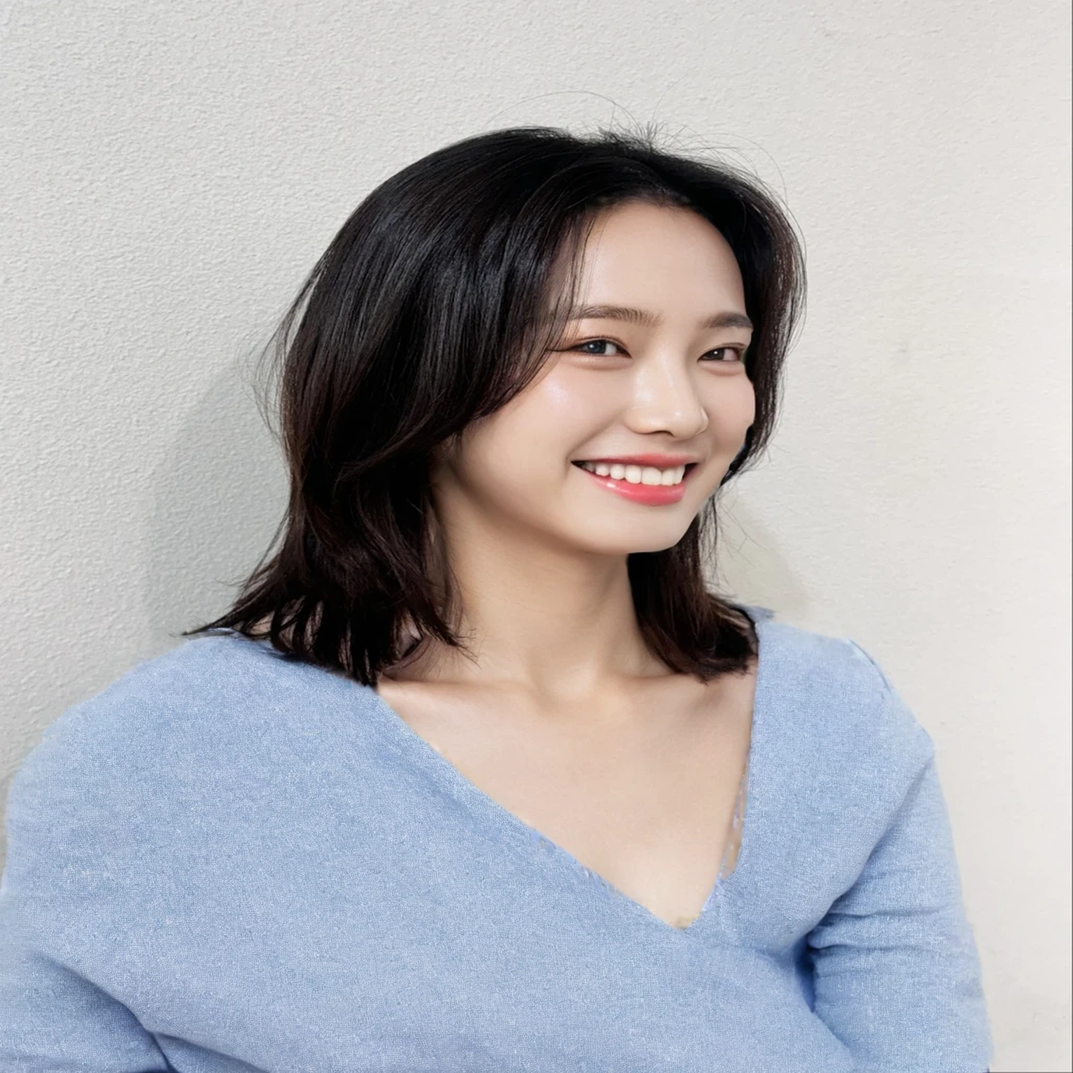 Best Quality, 8k, Masterpiece, (Portrait: 1.3), (photo realistic:1.4), (hyper realistic:1.4), Sharp Focus, looking at viewer, (smoother lighting:1.1), (increase cinematic lighting quality:0.9), realistic lighting, backlighting, light on face, ray trace, (brightening light:1.2), (Increase quality:1.4), sharp detail, (best quality real texture skin:1.4), finely detailed eyes, black_eyes, finely detailed face, 25 year old Korean woman, (white formal_shirt:1.4), (Create an image maintaining the original base model hairstyle:1.5)