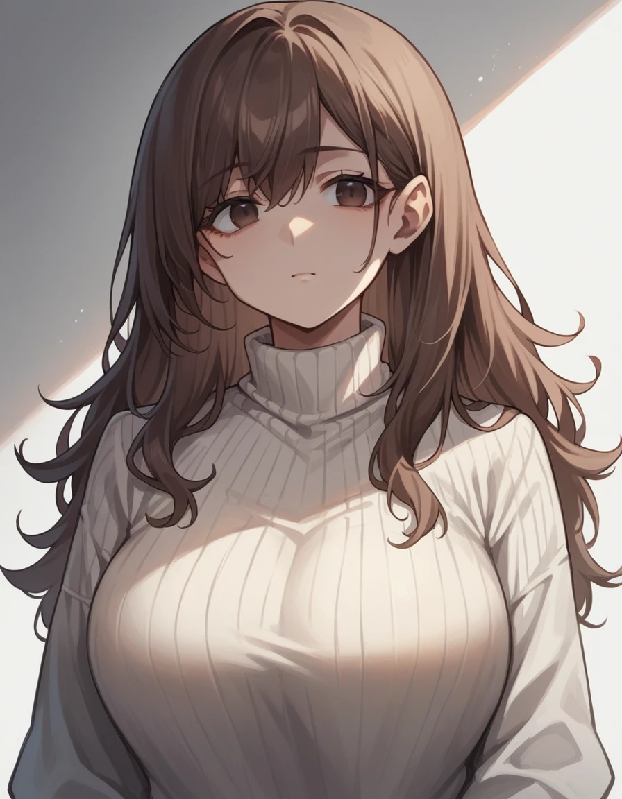 score_9, score_8_up, score_7_up, best quality, source_anime, clear face, 1girl, long hair, brown hair, large breasts, upper body, sweater