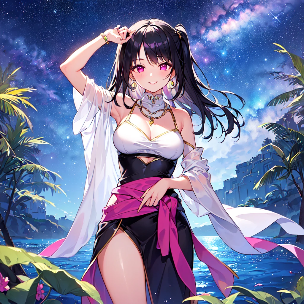 masterpiece, best quality, high quality, extremely detailed, very delicate and beautiful, (1 female 18 years old solo:1.5), (long black hair up to waist with two side up:1.5), bangs to eyebrows, eyes Eyebrows are glossy, (eye color: magenta:1.3), 6.5 head height, (Arabian gorgeous summer fashion:1.3), Arabian earrings, Arabian necklace, (smiling), (standing), (dynamic pose), (background Arabian Sea:1.3), (Milky Way Night Sky:1.3)