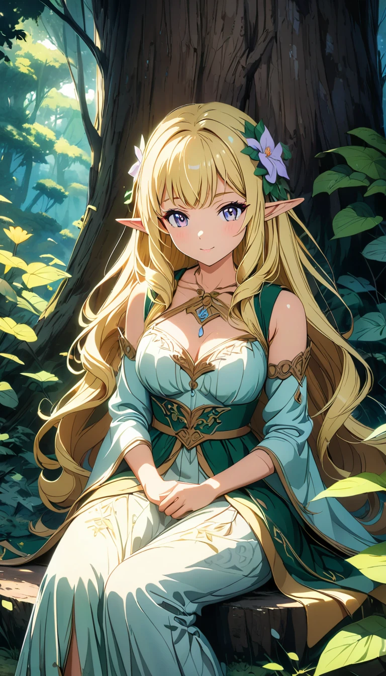 a beautiful elf girl in a deep forest, extremely detailed face, long flowing hair, curious expression, sitting under a large tree, anime style, highly detailed, 8k, fantasy art, magical atmospheric lighting, lush foliage, mossy ground, sunlight filtering through leaves, detailed bark texture, intricate flower petals, mystical mushrooms