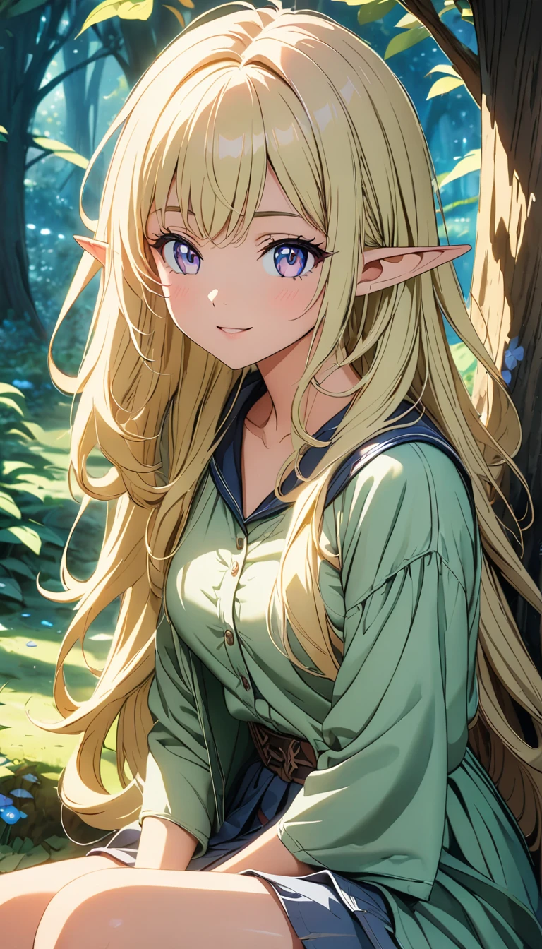 a beautiful elf girl in a deep forest, extremely detailed face, long flowing hair, curious expression, sitting under a large tree, anime style, highly detailed, 8k, fantasy art, magical atmospheric lighting, lush foliage, mossy ground, sunlight filtering through leaves, detailed bark texture, intricate flower petals, mystical mushrooms