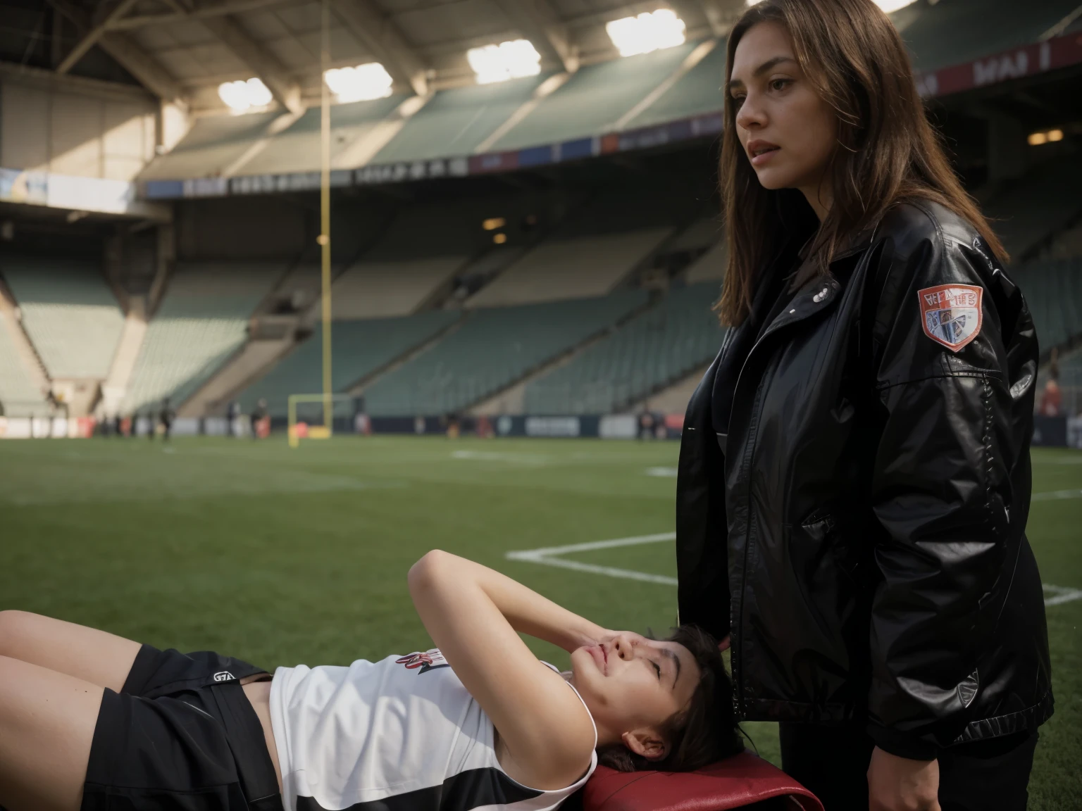 there is an injured man soccer player on a stretcher, a man soccer player injured after a foul, a highly attractive middle-aged woman wearing a high-gloss patent leather jacket, a long-haired middle-aged woman wears a high-gloss down jacket, A middle-aged woman in a shiny down jacket carries a stretcher on a sports field, sad scene, very sad, football hooligans, clip stadio, person in foreground, over-shoulder shot, intense scene, real shot, von Francesco Raibolini, dramatic scene, aesthetic shot, on ground, a long-shot, dramatic shot, breathtaking shot, realistic shot, candid shot