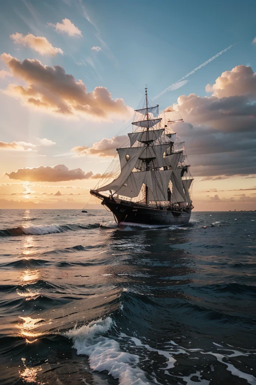 Sunset over the sea and sailing ship