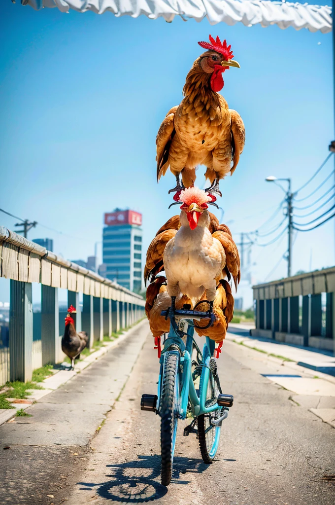 a chicken riding a bicycle, gang of chickens on bicycles, chickens in biker gang outfits, chickens with motorcycle helmets, detailed chicken biker gang, hyperrealistic chicken bikers, chickens as menacing biker gang, photorealistic chicken motorcycle gang, highly detailed chicken biker gang, 8k ultra detailed chicken biker gang, (best quality,4k,8k,highres,masterpiece:1.2),ultra-detailed,(realistic,photorealistic,photo-realistic:1.37),vivid colors,cinematic lighting,dramatic shadows,gritty urban environment